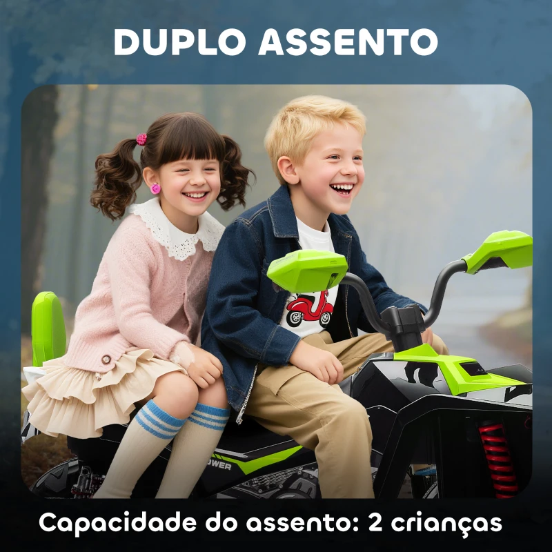 AIYAPLAY Quadricilo Elétrico para Crianças 24V com 2 Lugares 2 Motores Velocidade até 6,5 km/h Faróis Buzina Música e USB 109x68,5x76 cm Verde