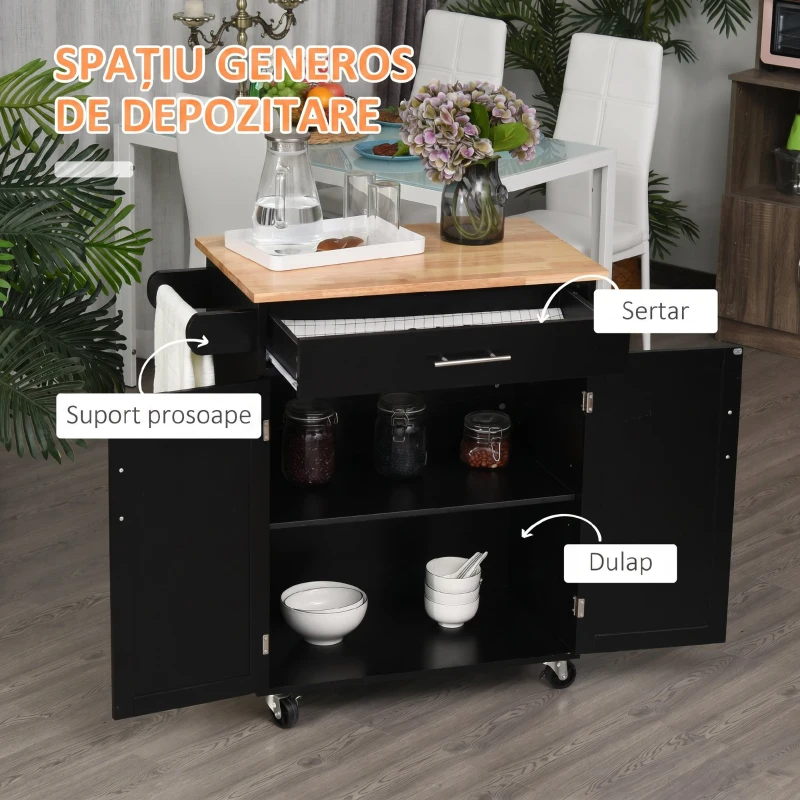HOMCOM Dulap mobil de bucătărie cu sertar, dulap cu 2 uși, roți și bară laterală, 83x45x91.5cm, negru(m-4)