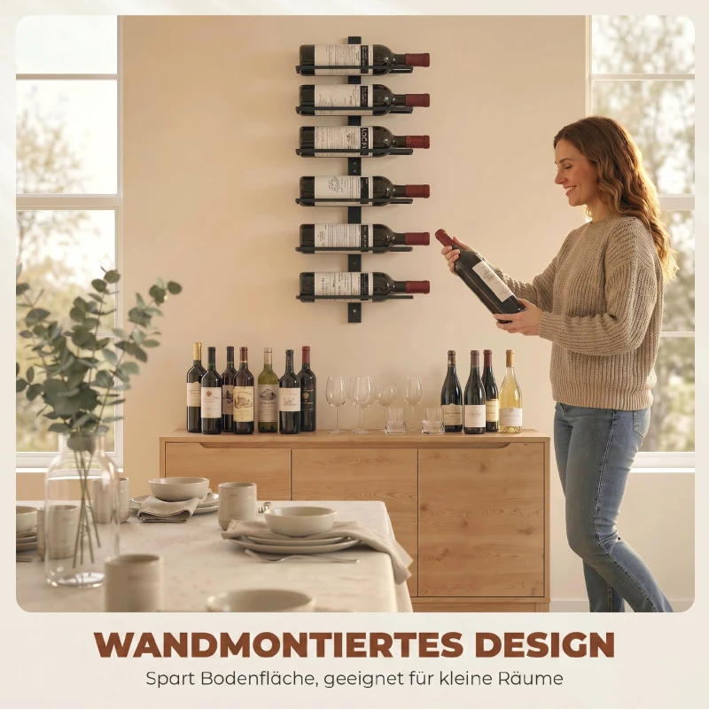 HOMCOM Weinregal, Wandregal für 6 Flaschen Wein, 6 Ebenen, Stahlrohr, für Küche, Wohnzimmer, Hausbar, Schwarz