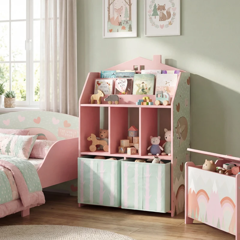 AIYAPLAY Meuble rangement enfant, bibliothèque enfants avec étagères ouvertes et 2 tiroirs en tissu, MDF, rose