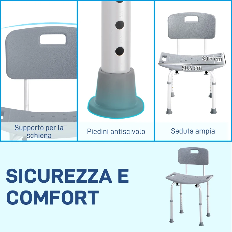 HOMCOM Sedia da Doccia per Bagno in Alluminio e Plastica Altezza Regolabile 8 Livelli 71-88cm Piedini Antiscivolo