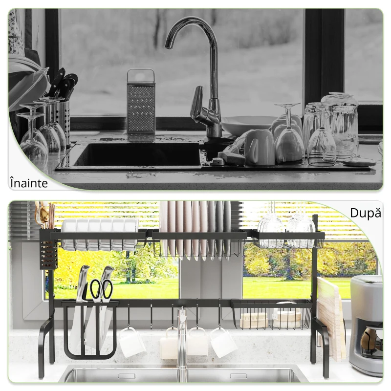 HOMCOM Suport pentru vase, ajustabil în lungime 51-93 cm, multe elemente, aranjament flexibil, 93 x 30 x 52 cm, negru