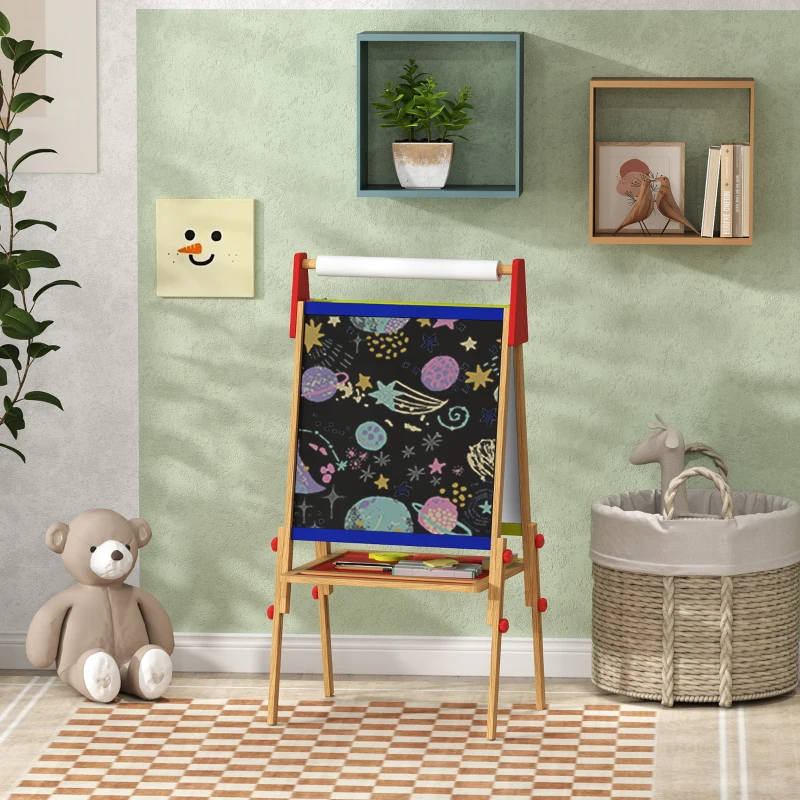 AIYAPLAY 3-in-1 Kindermalstaffelei, Kreidetafel, Whiteboard, Papierrolle, inklusive Zubehör, Kiefernholz, verstellbar