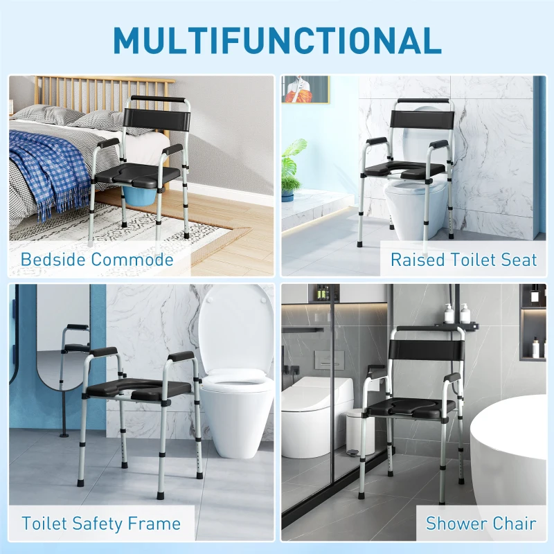 HOMCOM Commode Chair for Elderly with Arms and Back, Lightweight Non-Slip Commode w/ Removable Bucket, Height Adjustable, Black