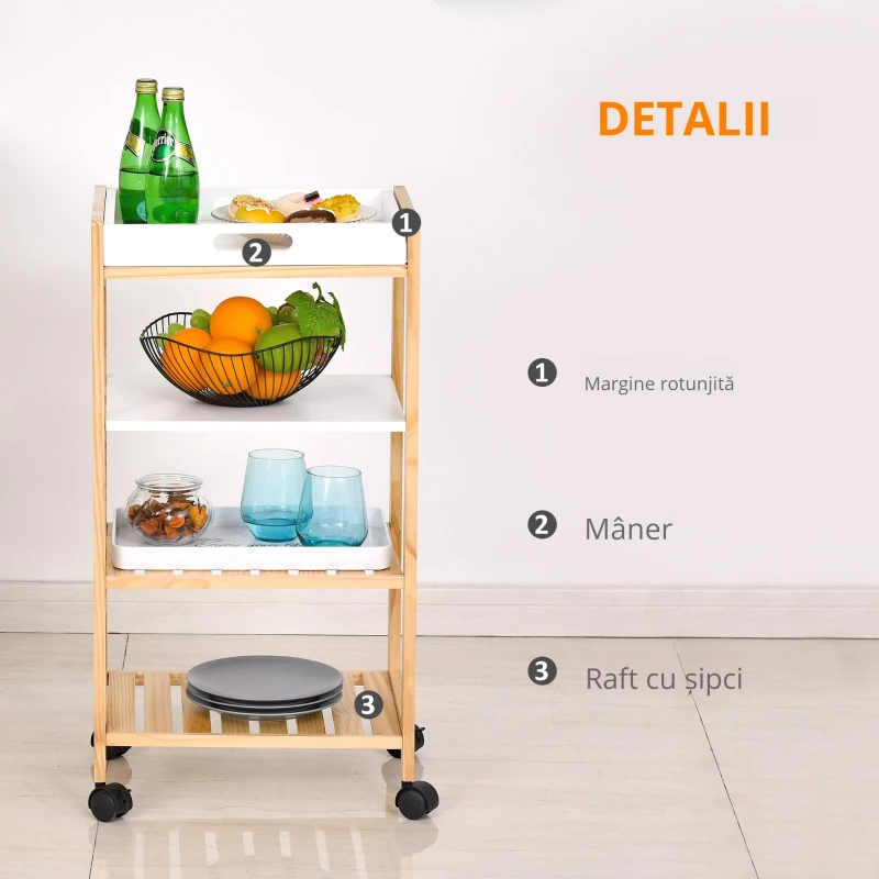 HOMCOM Carucior de bucatarie cu 4 nivele din MDF si lemn de pin cu 4 roti pivotante, 40x30x76 cm, alb si maro