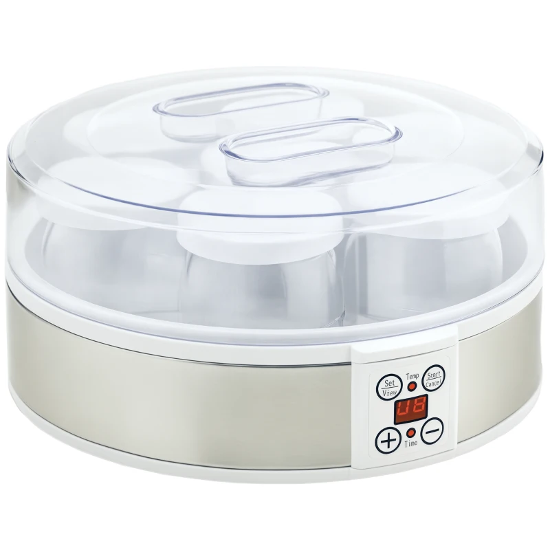 HOMCOM Aparat pentru iaurt 20W de 1.5L cu 7 borcane și afișaj cu butoane, din oțel inoxidabil și plastic, 24x24x13 cm, alb