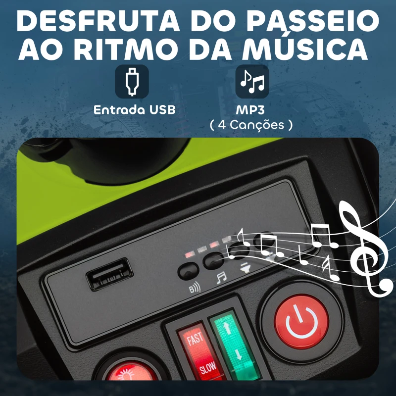 AIYAPLAY Quadricilo Elétrico para Crianças 24V com 2 Lugares 2 Motores Velocidade até 6,5 km/h Faróis Buzina Música e USB 109x68,5x76 cm Verde
