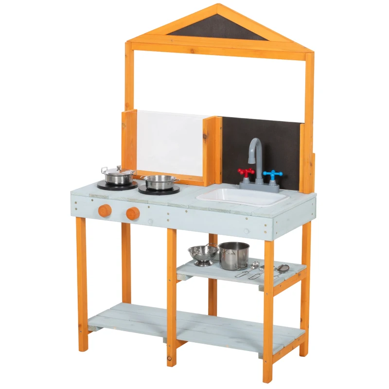 AIYAPLAY Matschküche Kinder Outdoor Spielküche Holz mit Herd Abnehmbarer Spüle Regalen für Kinder von 3-8 Jahren, Hellblau