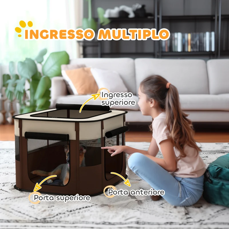 PawHut Box per Animali con 6 Finestre, 3 Porte e 2 Borse Portaoggetti, Poliestere e Acciaio, 74x60x45 cm, Marrone