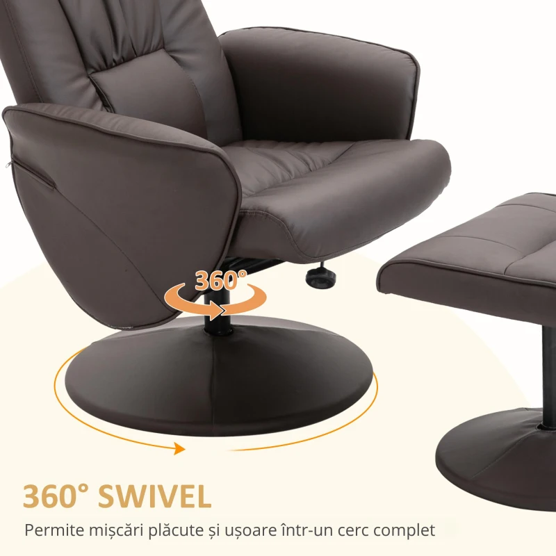 HOMCOM Set de 2 piese, fotoliu cu otomană, fotoliu relax cu otomană, reglabil pe înălțime, spătar înclinat, Maro