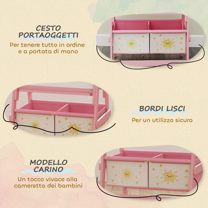 AIYAPLAY Lavagna per Bambini 3 in 1 con Cavalletto, Rotolo di Carta e 2 Cestelli, in Legno, 54x46x94 cm, Rosa