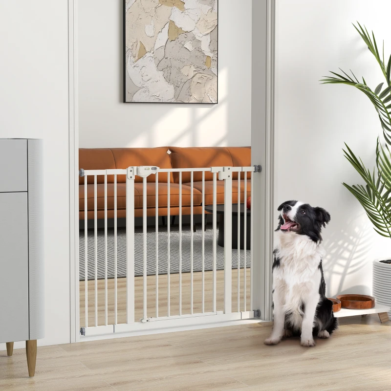 PawHut Barreira de Segurança para Cães 74-100 cm com Extensões, Montagem por Pressão e Duplo Bloqueio, Branco