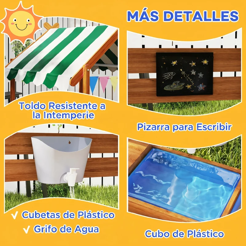 Outsunny Arenero Infantil con Toldo 6 Banderines 2 Bandejas Grifo y Pizarra en Forma de Casa para Patio 124x116x146 cm Naranja