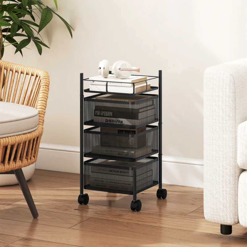 HOMCOM Carrello Cucina a 3 Livelli con Cestini in Metallo Girevoli, Ruote e Freno, 27.5x27.5x62 cm, Nero