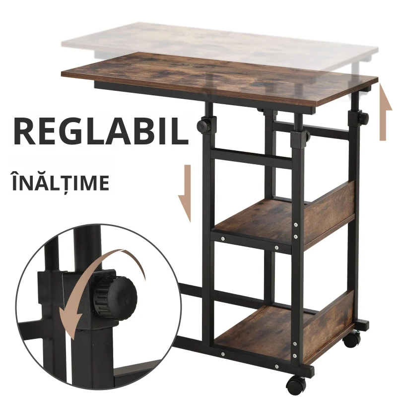 HOMCOM Masă auxiliară cu role, reglabilă pe înălțime, compactă, 2 rafturi, cadru metalic, 80x40x72-82 cm, Maro/Negru