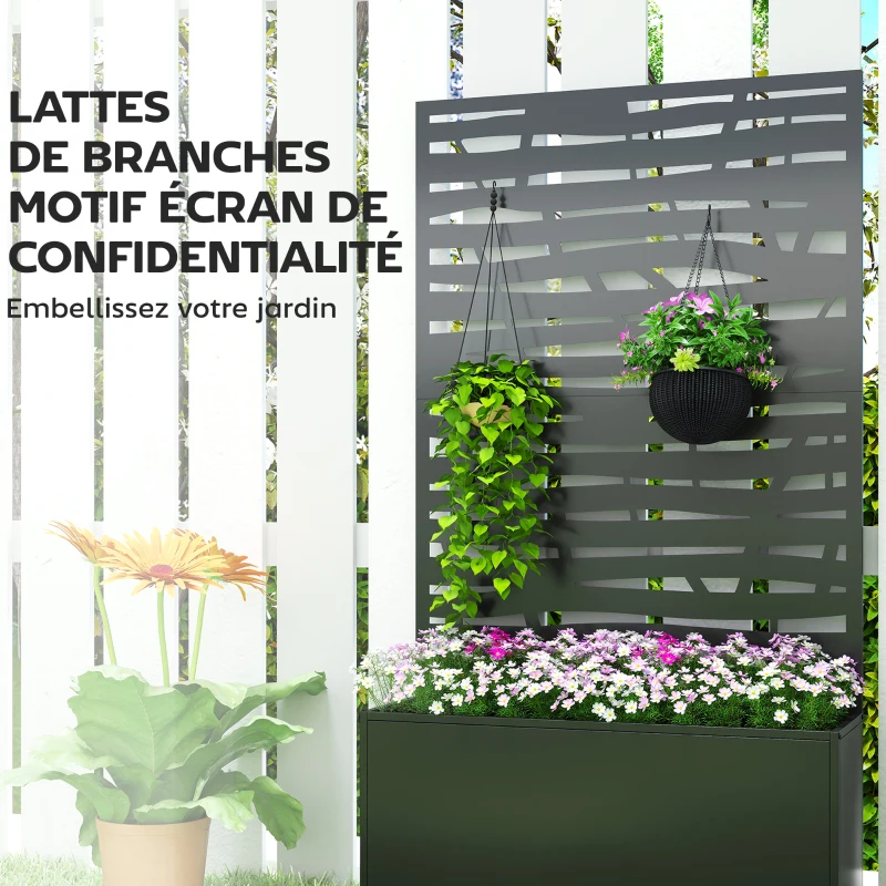 Outsunny Jardinière avec treillis, bac à fleurs en métal avec brise-vue et roues, treillis découpé en lattes, 90x30x160cm, noir