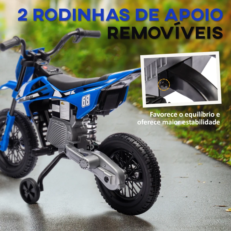 AIYAPLAY Mota Elétrica Infantil 12V com Música, Velocidade 2,4-5 km/h, Rodas Auxiliares, 107x56x70 cm, Azul