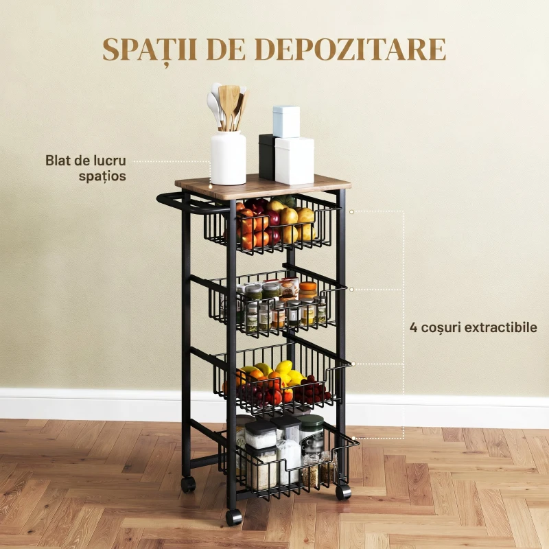 HOMCOM Cărucior de Bucătărie cu 4 Coșuri Detasabile, Roți și Frâne, Oțel și Lemn, 49.5x31x91 cm, Stejar