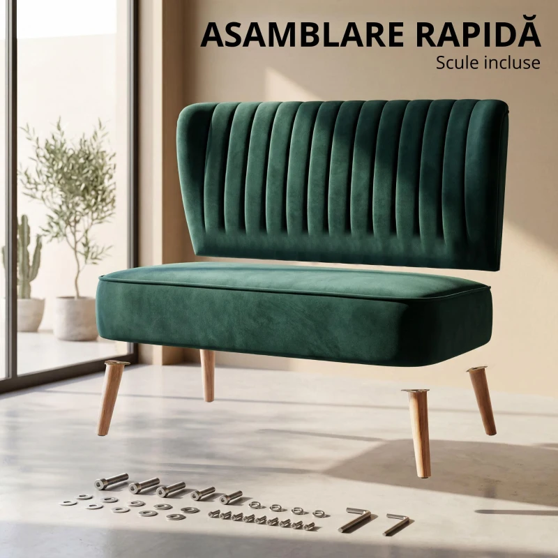 HOMCOM Canapea design retro 2 locuri, picioare din lemn, 117 cm x 56,5 cm x 77 cm, Verde închis