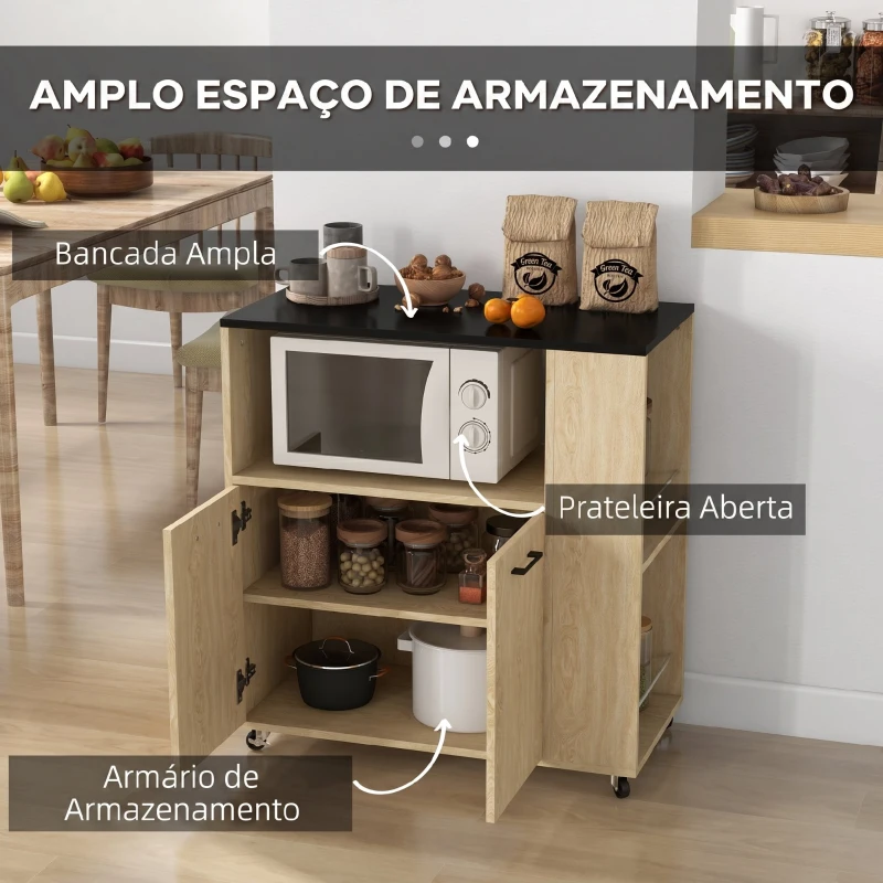 HOMCOM Carrinho de Cozinha com Rodas 2 Portas Prateleira Ajustável Porta-Especiarias para Sala de Jantar 75x40x80,5 cm Madeira
