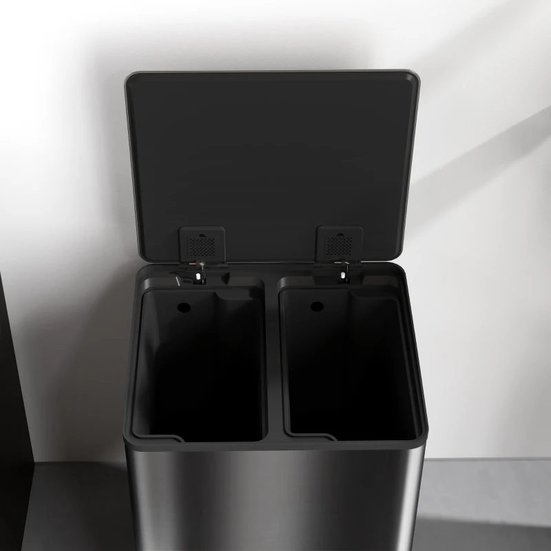 HOMCOM Prullenbak met 2x30L compartimenten, Soft-Close deksel, vingerafdrukbestendig, roestvrij staal, zwart