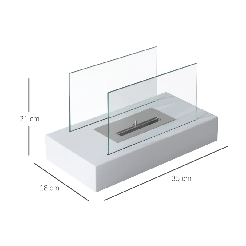 HOMCOM Camino a Bioetanolo da Tavolo 830 W Bruciatori senza Residui Inodore In Acciaio Inox con Vetro 35x18x21 cm Bianco