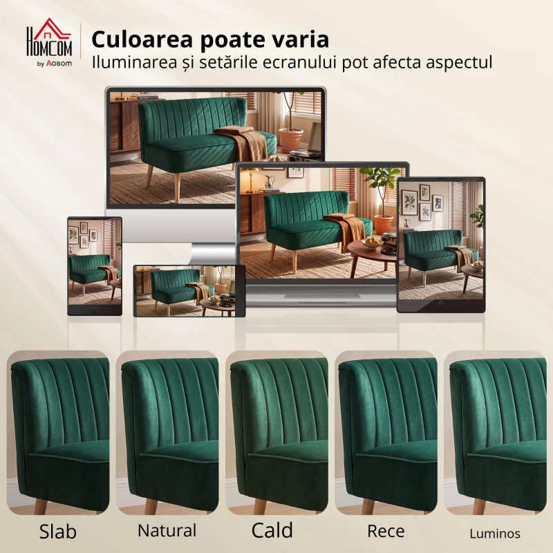 HOMCOM Canapea design retro 2 locuri, picioare din lemn, 117 cm x 56,5 cm x 77 cm, Verde închis