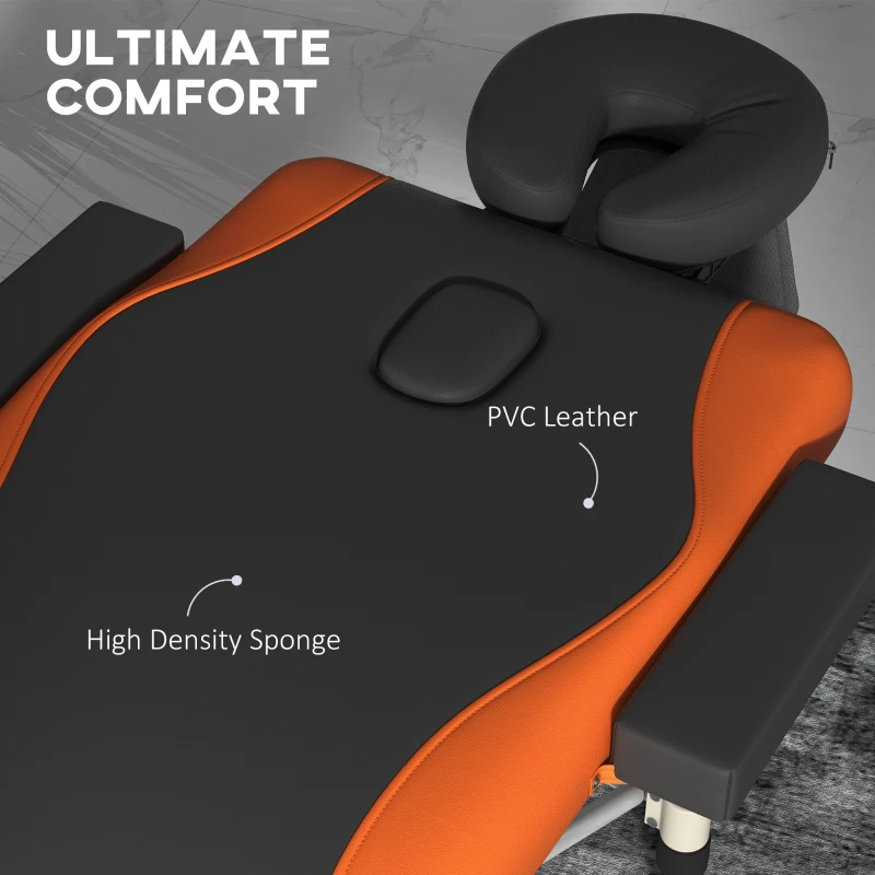 HOMCOM Foldable Massage Bed Portable Table, 3-Section Aluminium Foldable Beauty Couch, Professional Salon Spa Table with Headrest Support, 60 cm Width, Black and Orange