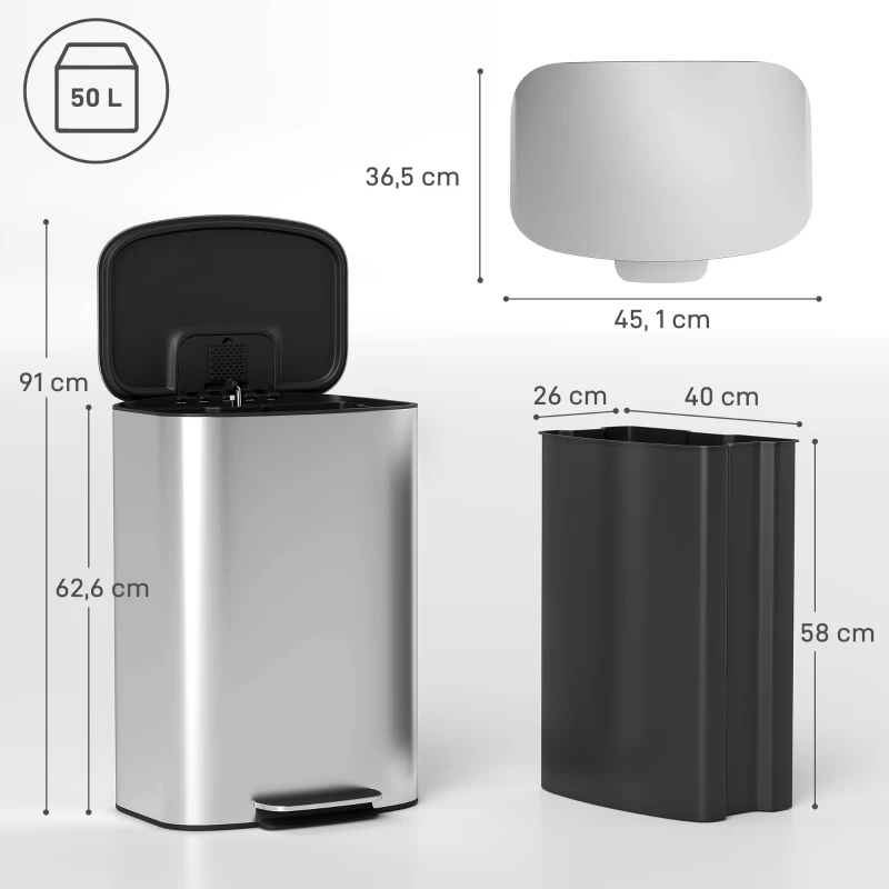 HOMCOM Pattumiera a Pedale da 50L con Coperchio Ammortizzato, Apertura a 90° e Secchio Rimovibile, Acciaio Inox, Grigio