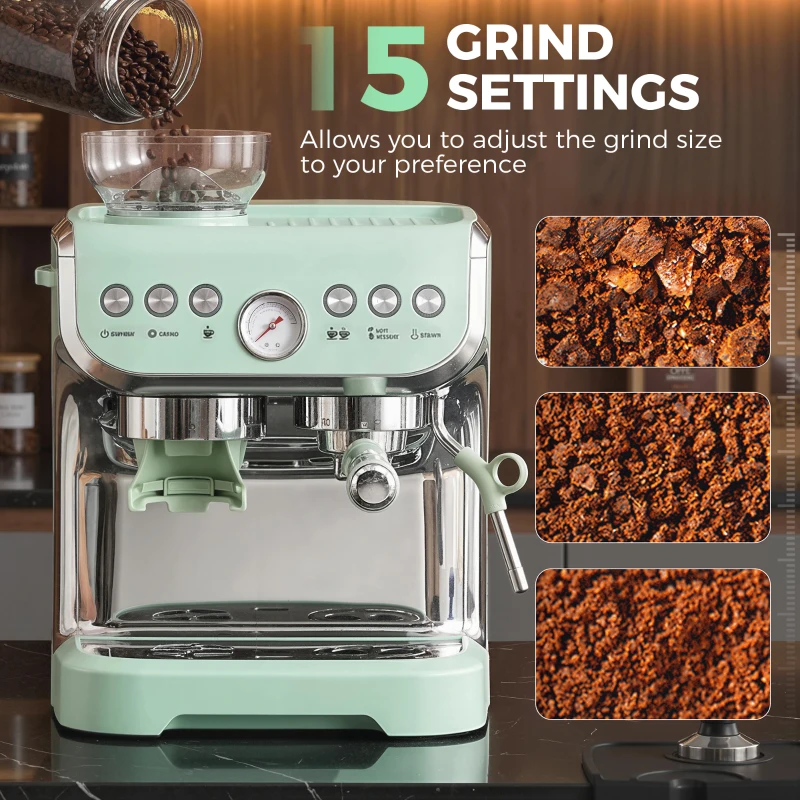 HOMCOM 15 Bar Coffee Machine, with Adjustable Grind, Steamer and Accessories - Light Green