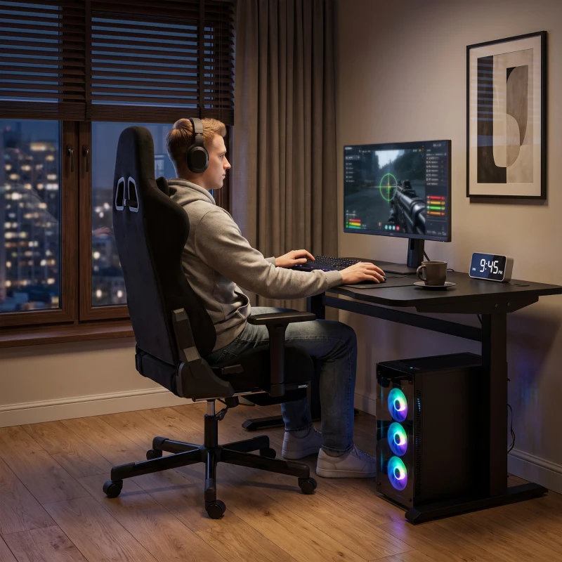 HOMCOM Scaun Gaming Ergonomic cu Masaj și Pernă Lombară Încălzită, Fotoliu Gaming Înclinat din In, Brațe 4D, Negru