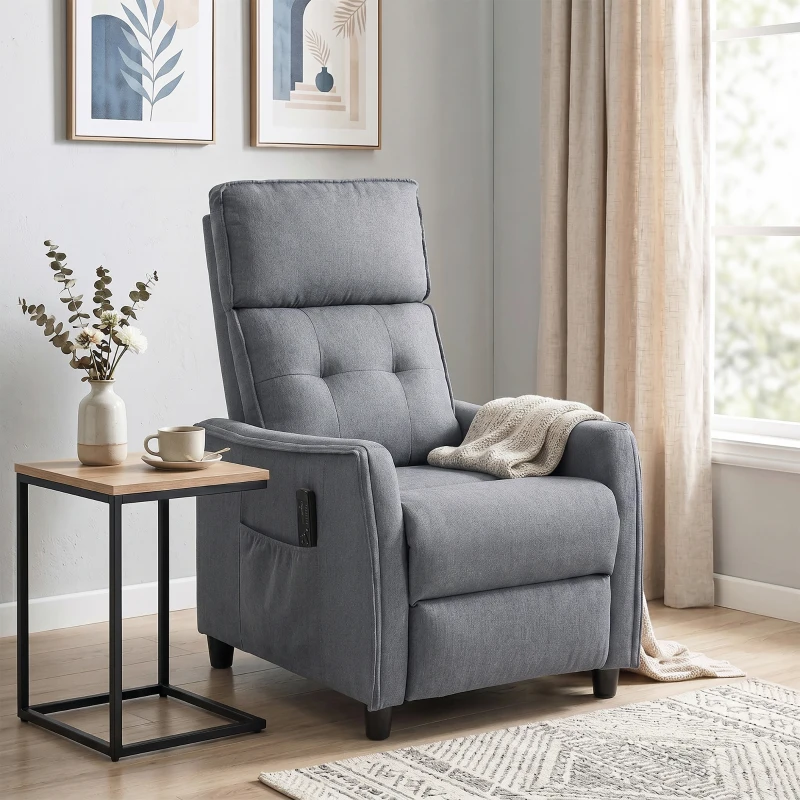 HOMCOM Poltrona Massaggiante e Reclinabile a 160° con Poggiapiedi e Telecomando, 69x93x104cm, Effetto Lino Grigio Chiaro