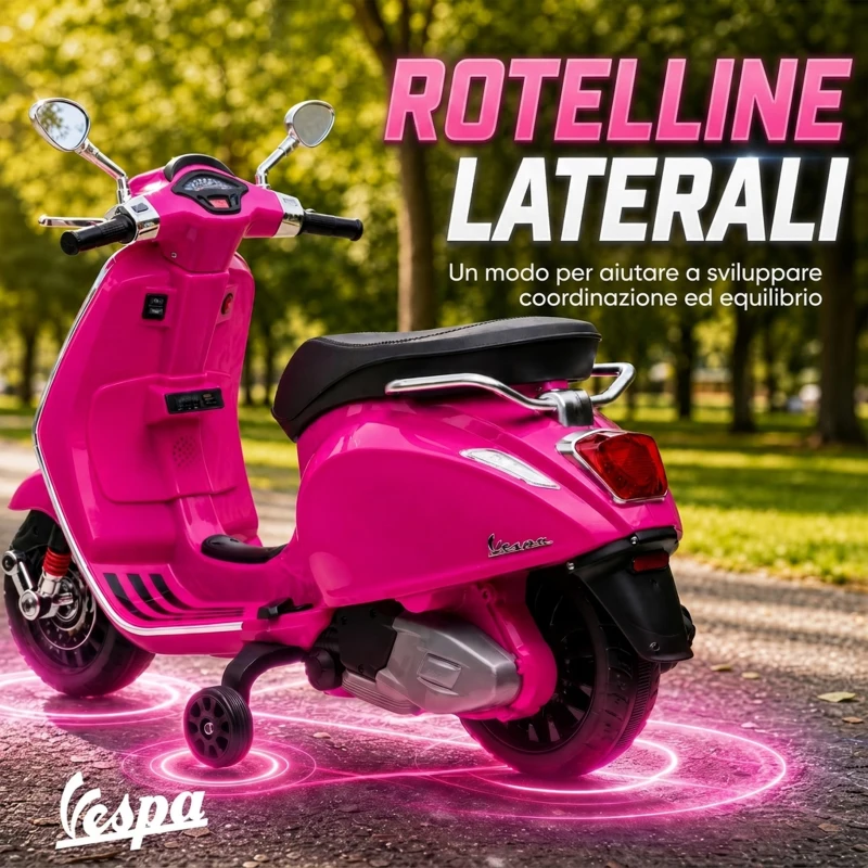 AIYAPLAY Moto Elettrica per Bambini a Licenza Vespa con Rotelle, Fanale e Musica, in PP e Metallo, 107x47x73 cm, Rosa