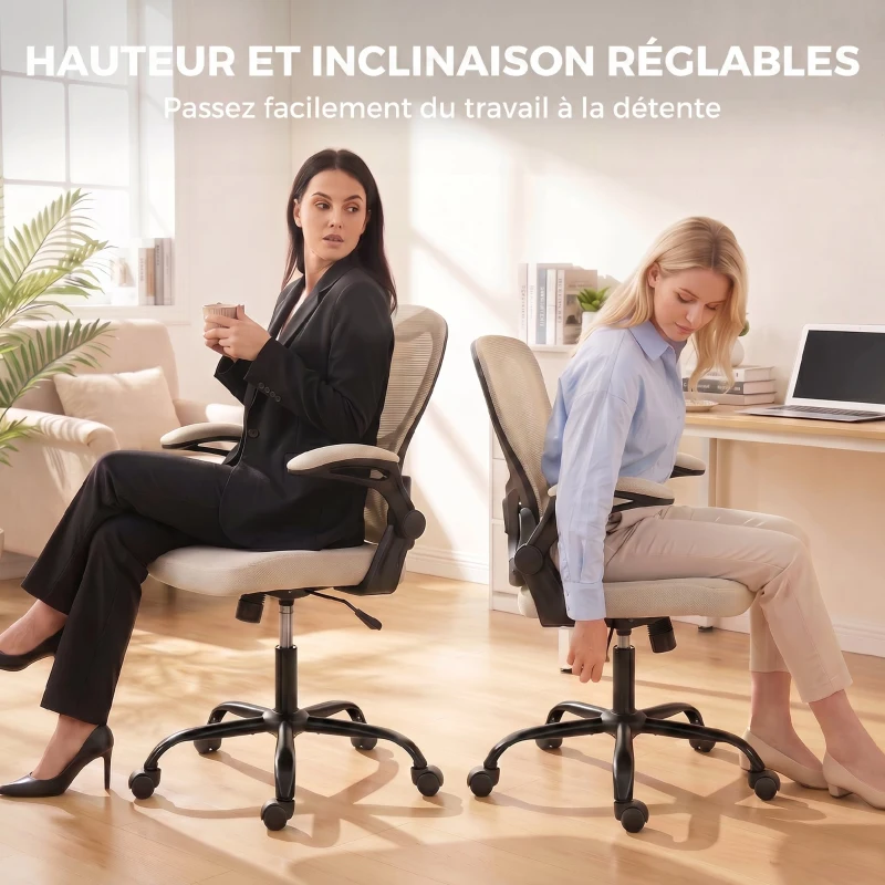 HOMCOM Chaise Bureau Ergonomique, Fauteuil de Bureau Maille, Accoudoirs Relevables, Hauteur Réglable, Fonction Bascule, Beige