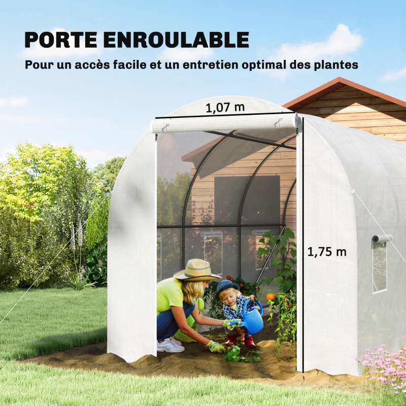 Outsunny Serre tunnel de jardin 7m², serre de jardin tunnel avec porte et 6 fenêtres, bâche PE 140 g/m² 350 x 200 x 200 cm blanc