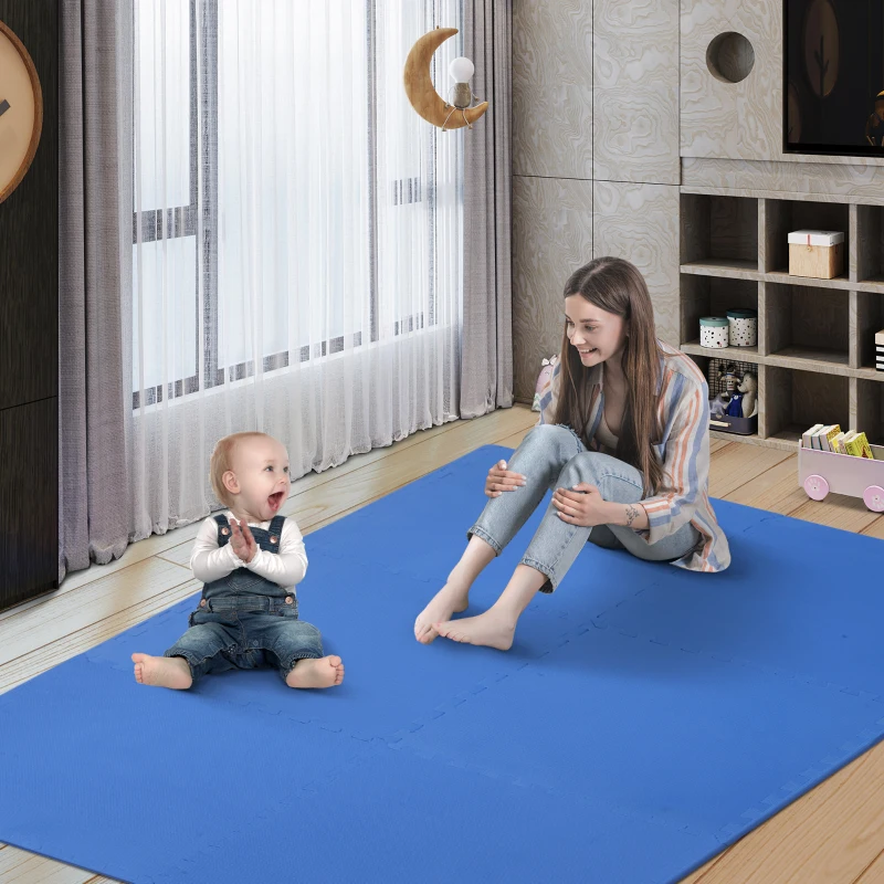 HOMCOM Tapis en Mousse de Protection Sol Tapis de Fitness 62 cm x 62 cm x 1 cm avec Bordures Tapis Puzzle 25 pièces 9,3 m² de Surface Bleu