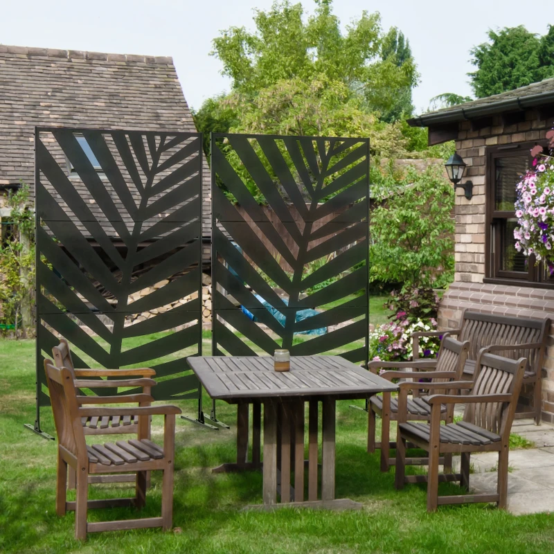 Outsunny Lot de 2 paravents séparateur de jardin balcon décoratif extérieur à motif végétal en acier 122 x 45 x 198 cm noir