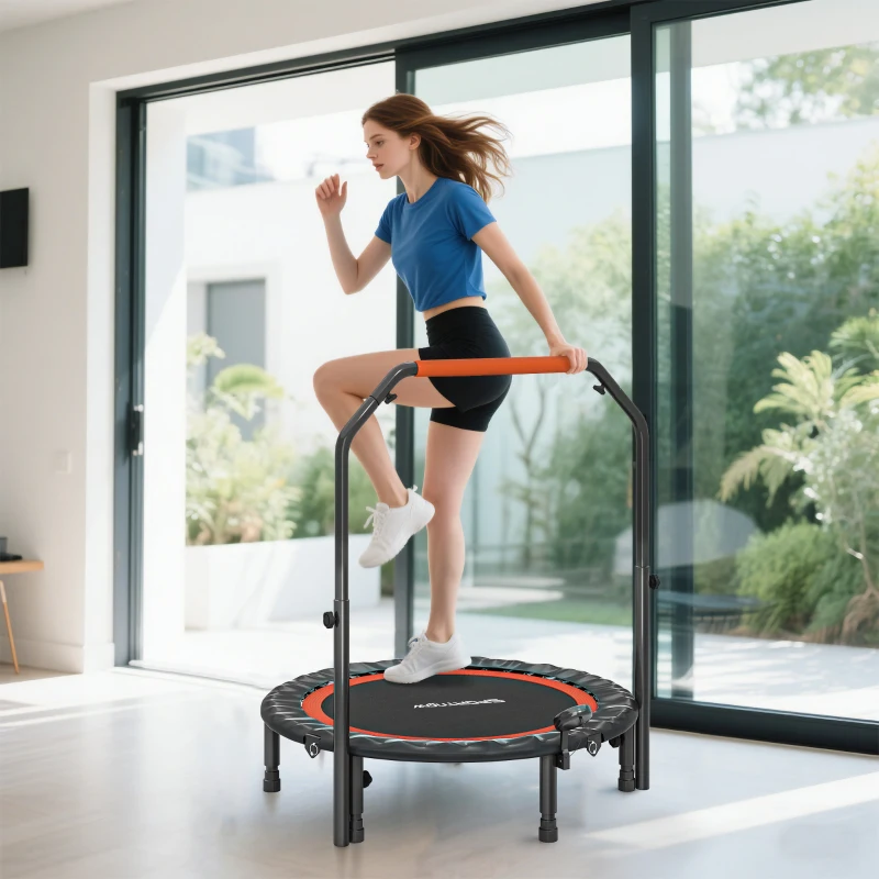 HOMCOM Trampoline de fitness gymnastique avec poignée réglable, pliable, 6 pieds, 28 ressorts Ø 102 cm, noir rouge