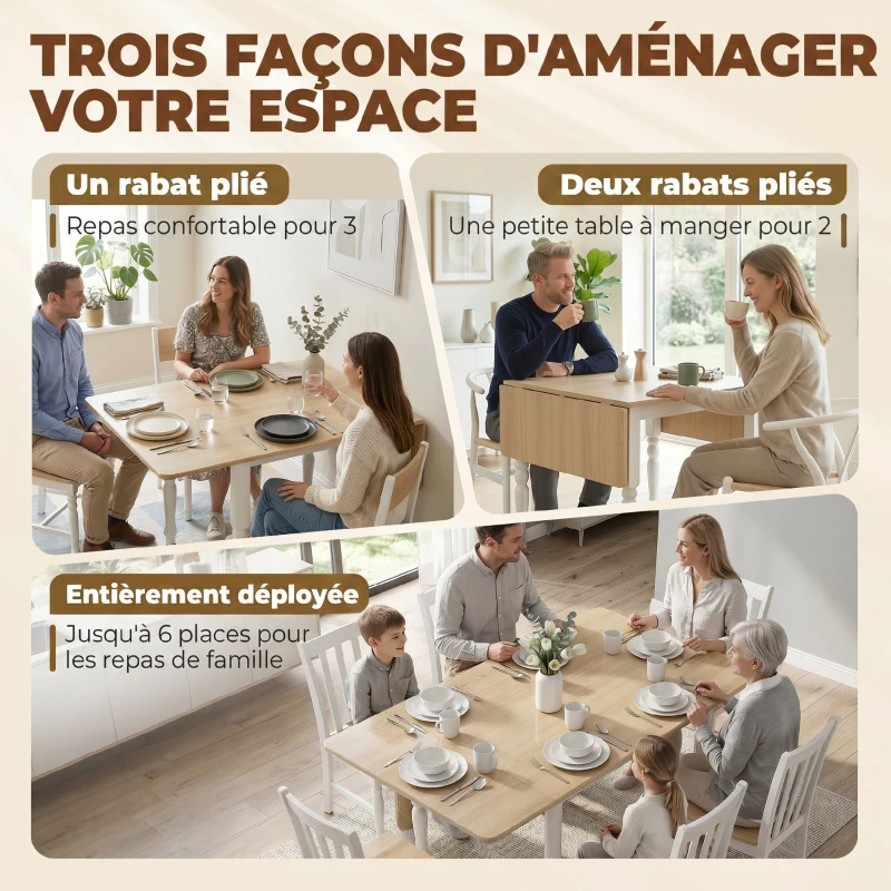 HOMCOM Table à manger pliante pour 2 à 6 personnes 74-134 cm, table de cuisine avec 2 abattants, pieds en acier, bois naturel