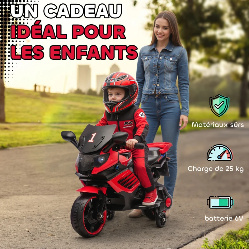 AIYAPLAY Moto électrique enfants 6 V, voiture électrique enfants avec roues d'entraînement, effets lumineux et sonores, rouge