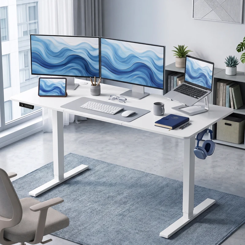 HOMCOM Escritorio Elevable Eléctrico 140x60 cm con 3 Memorias Pantalla LED 2 Ganchos y 2 Pasacables Blanco