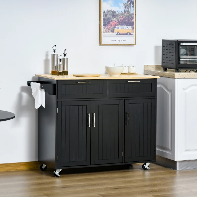 HOMCOM Carrello da Cucina in Legno con 2 Cassetti, Armadietto 3 Ante e 4 Ruote, 121x46x91cm, Nero