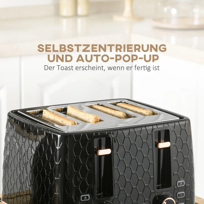 HOMCOM 2-in-1 Keuken set, Toaster en Waterkoker, meerdere opties, 1,7 L, 4 toast tegelijk, Kunststof, Zwart