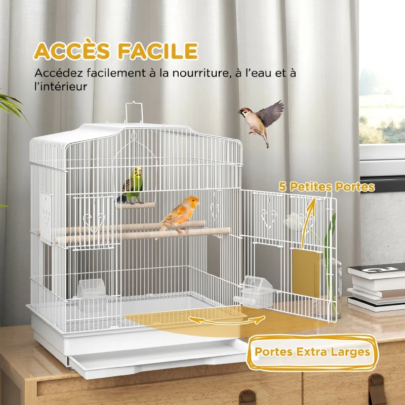 PawHut Cage à Oiseaux Volière avec Mangeoires, Perchoirs, Plateau Excrément Amovible, 46,5 x 36 x 59 cm, Blanc