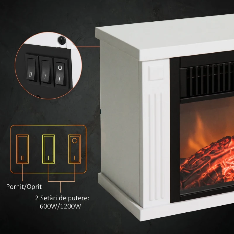 HOMCOM Șemineu Electric de Podea cu Efect de Flacără, Putere Reglabilă 600/1200W, Acoperire 10-15m², Alb