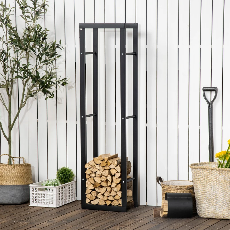 HOMCOM Porta Legna Verticale in Metallo Nero da Interni ed Esterni con Portata 100 kg max, 40x25x150 cm