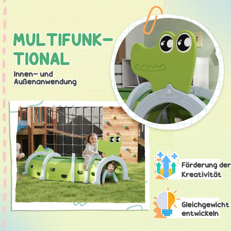 AIYAPLAY Krokodil Speeltunnel, Flexibele Vorm, Robuust, voor Kinderen 3-6 Jaar, 194 x 88 x 92 cm, Groen