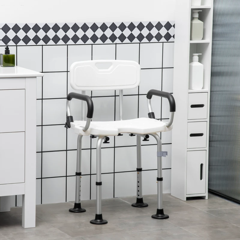 HOMCOM Chaise de douche, tabouret de douche réglable en hauteur avec dossier et accoudoirs rabattables, assise U, pieds antidérapants à ventouses, pour personnes âgées et handicapées, alu HDPE, blanc