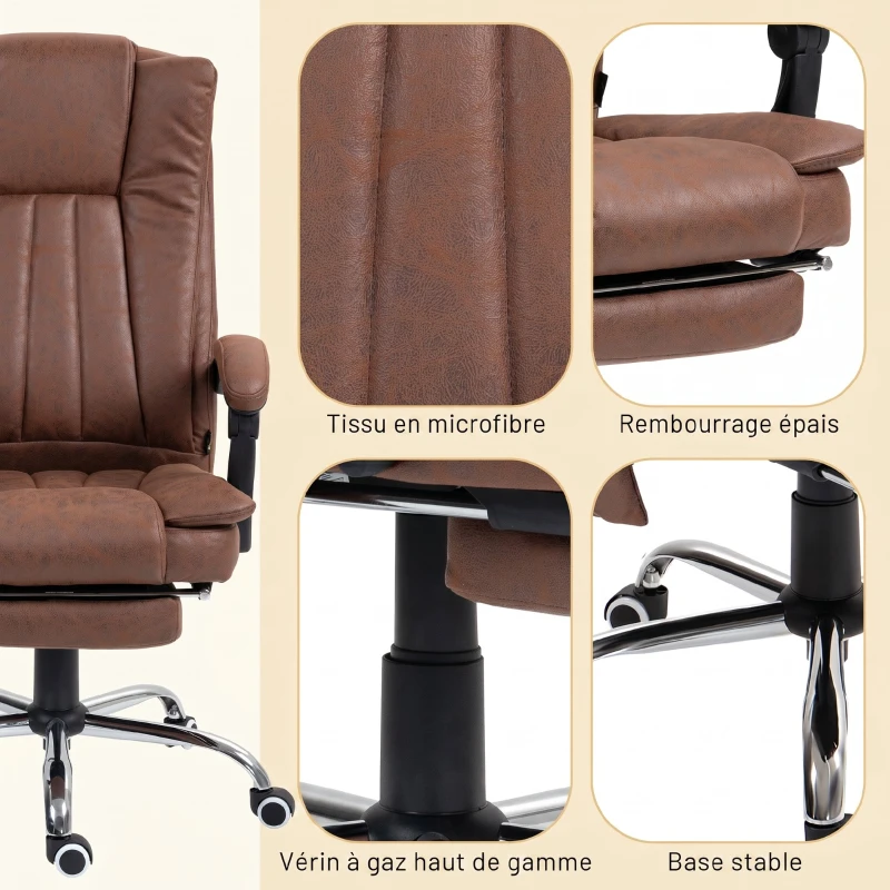 Vinsetto Fauteuil de bureau massant et chauffant avec hauteur réglable, dossier inclinable, repose-pied et télécommande, marron