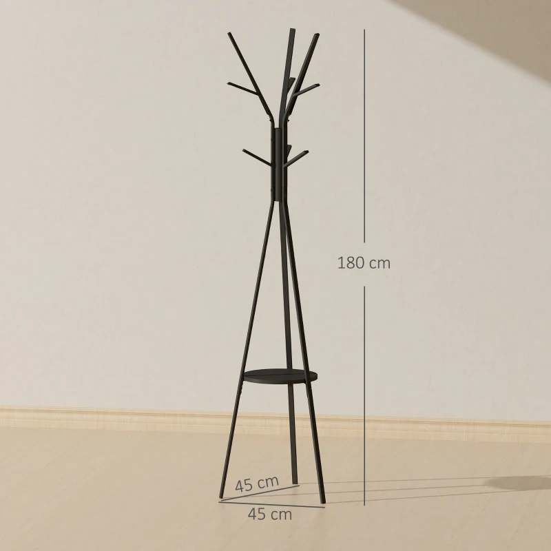 HOMCOM Freestanding Metal Coat Rack Stand 9 Hooks Clothes Tree with 1 Shelf Hat Display Hall Tree Hanger Bag Umbrella Hanging Organiser Black